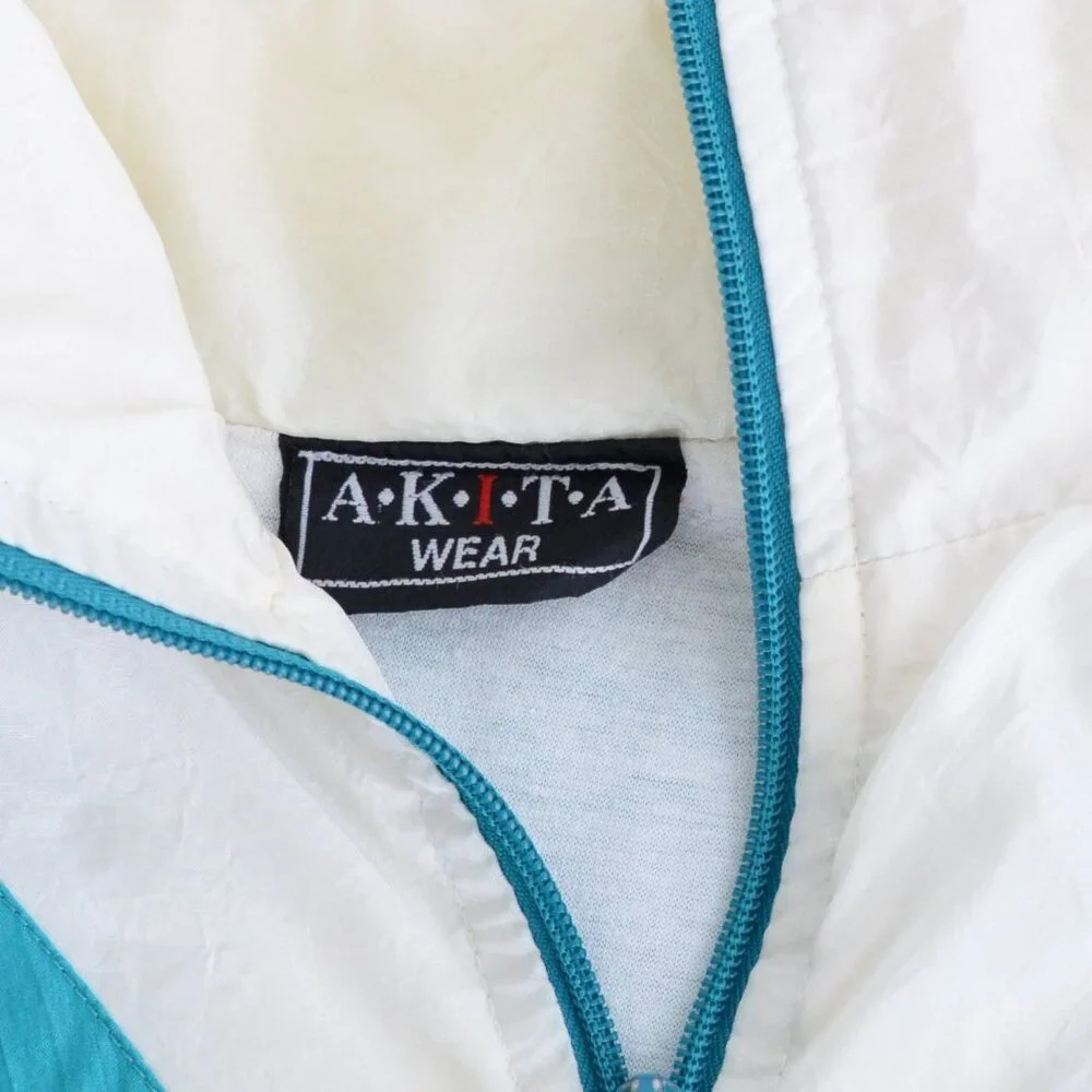 Vintage 80'S Akita Teal & Black Nylon Windbreaker Zip Up Running Jacket Size L - Picture 10 of 11